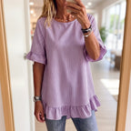 Women's striped ruffle-sleeve loose-fit blouse with three-quarter sleeves, casualwear from FitiqueFit, shown on a model.