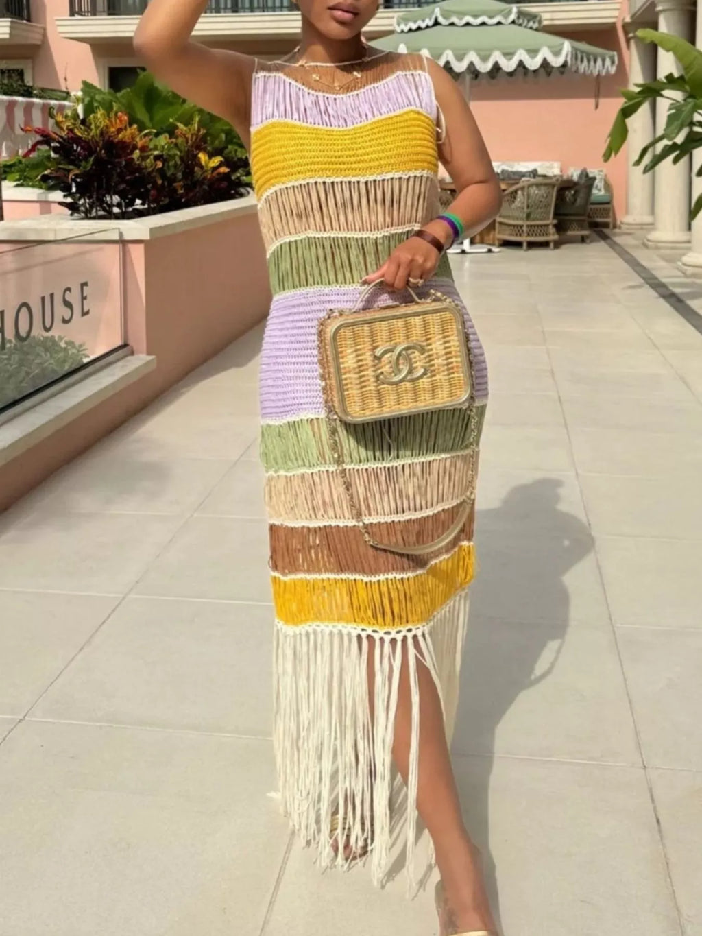 Color block maxi dress by Shopimist featuring fringe crochet knit details and a flowing silhouette.