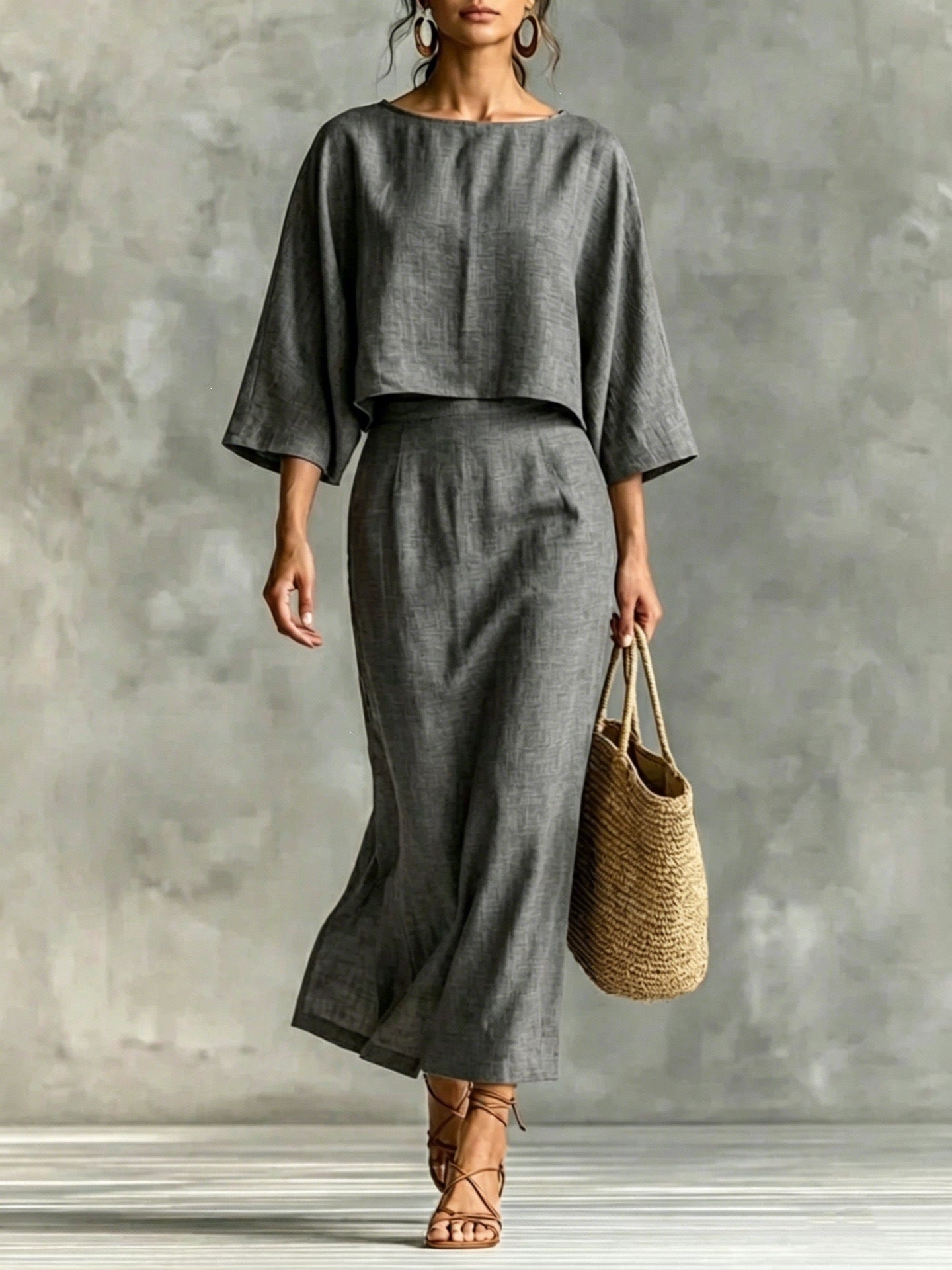 Casualwear set with high waist long skirt and 3/4 sleeve loose top from Plush Fashion Hub, shown in natural fabric and relaxed fit.