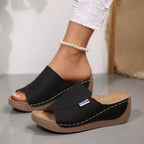 Open toe wedge sandals by Shopimist featuring a stylish design with a comfortable platform and ankle strap in neutral tones.