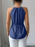 Plush Fashion Hub halter neck crisscross cami tank top in black, featuring a stylish neckline and fitted design.