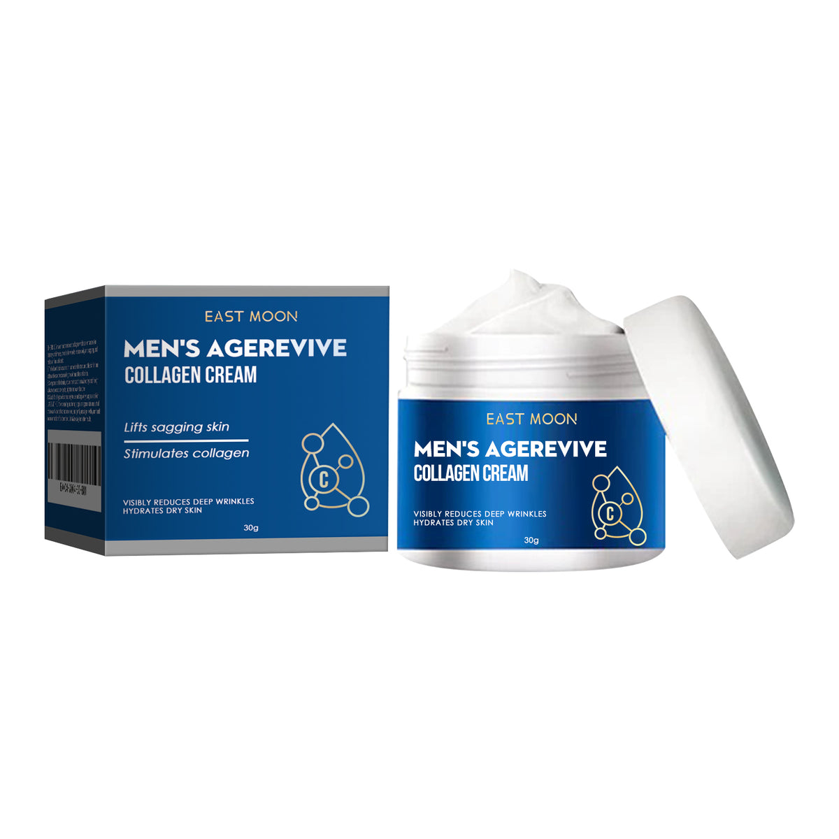 East Moon Men's Agerevive Collagen Cream container and box, blue and white, with white cream and detached white lid.