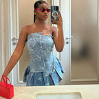 Women's Sexy Dress Set Fashion Trendy Irregular Strapless Top Pleated Skirt