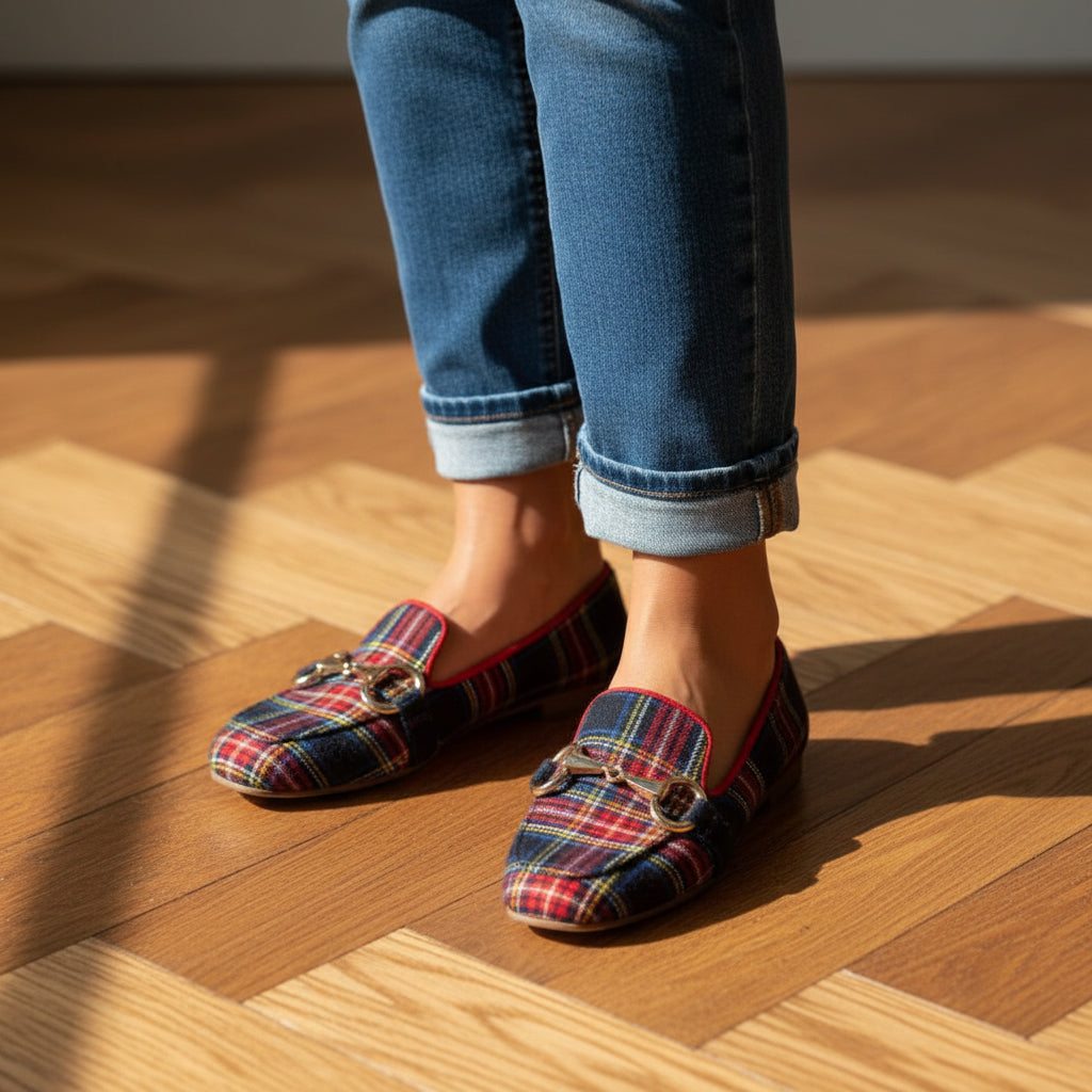 Red and blue plaid women's flats with square toes and buckle detail, casual footwear by Plush Fashion Hub.