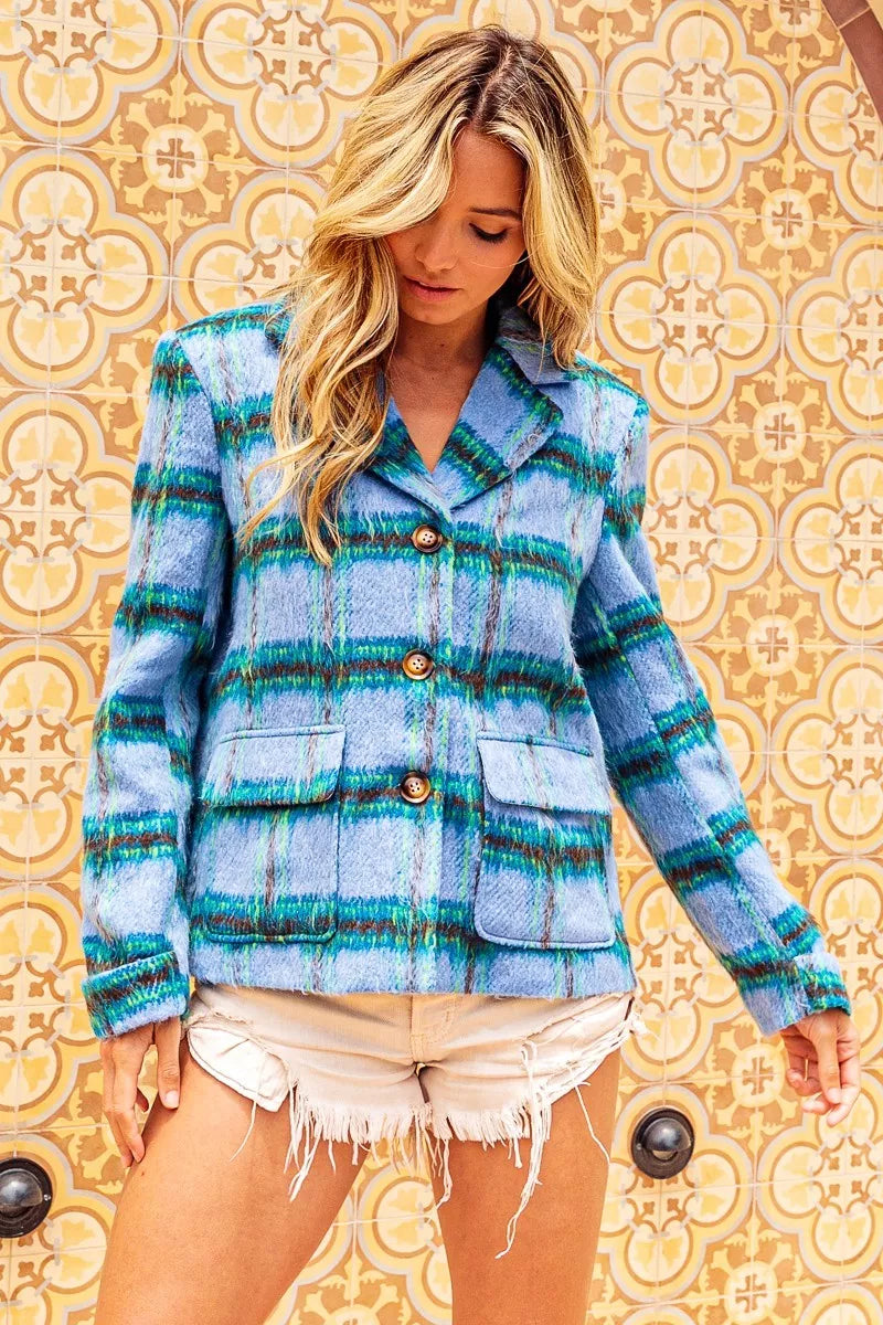 Shopimist BiBi Flap Pockets brushed vintage plaid jacket with classic design and stylish front flap pockets, showcasing cozy, retro-inspired fashion.