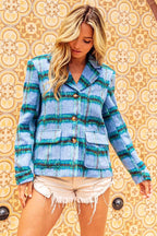 Shopimist BiBi Flap Pockets brushed vintage plaid jacket with classic design and stylish front flap pockets, showcasing cozy, retro-inspired fashion.
