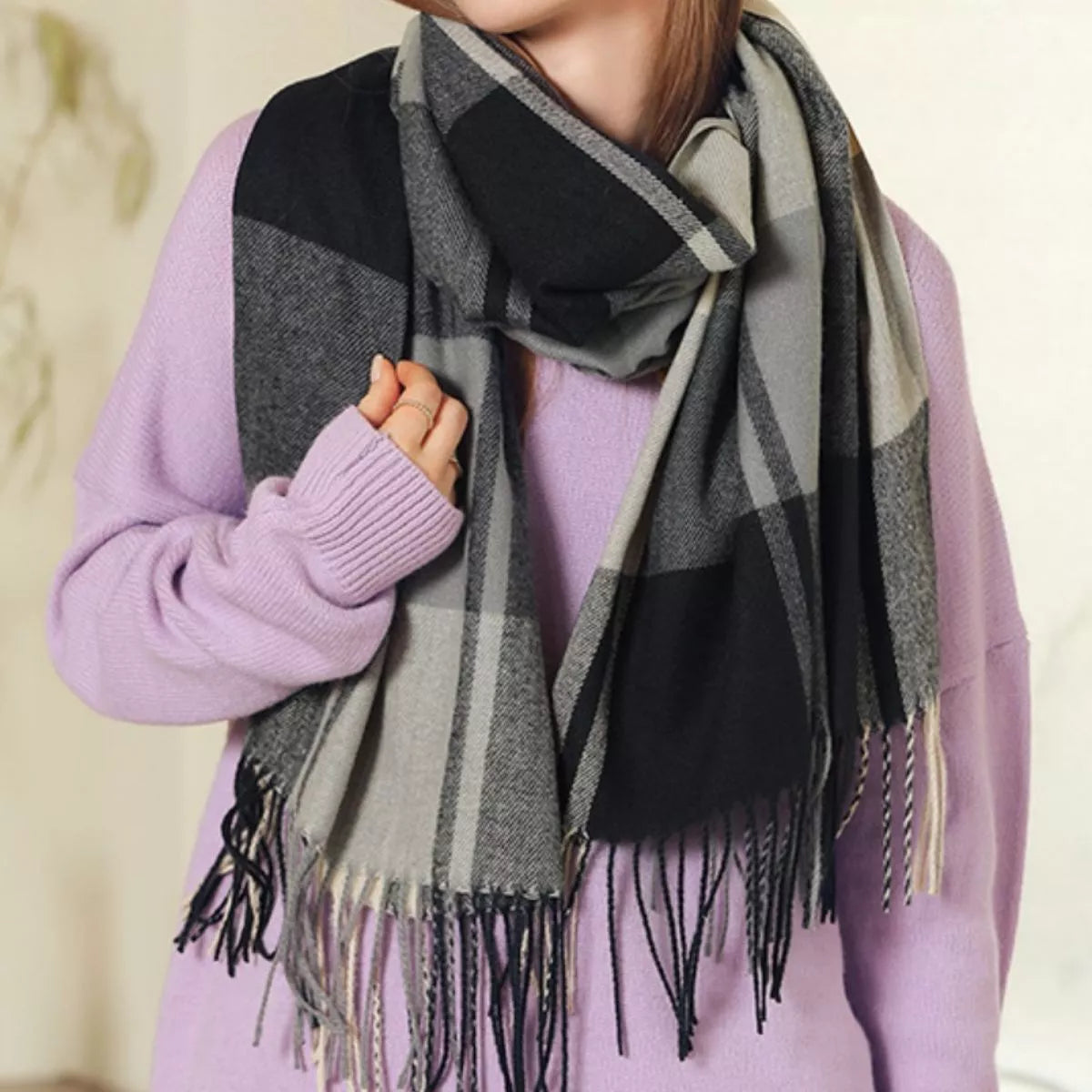 Simply Love plaid fringe scarf with red, black, and white checkered pattern, featuring fringed edges for a cozy winter accessory.