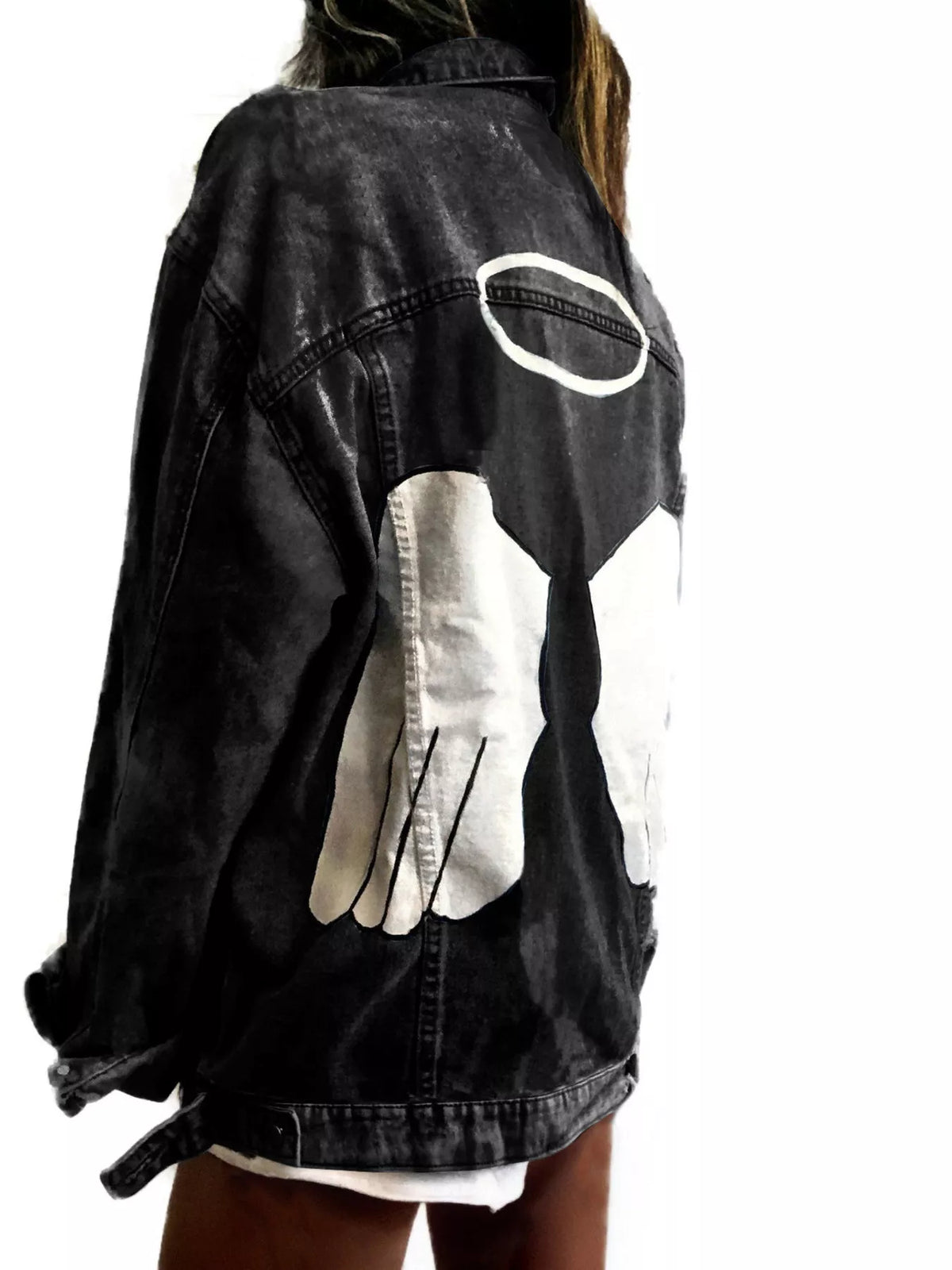 Plus size denim jacket with angel wings graphic back design, trendy Trendsi full-size angel wings back denim jacket.