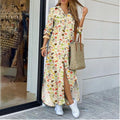 Women's floral print long shirt dress with lapel collar and midi length, relaxed fit, by Plush Fashion Hub.