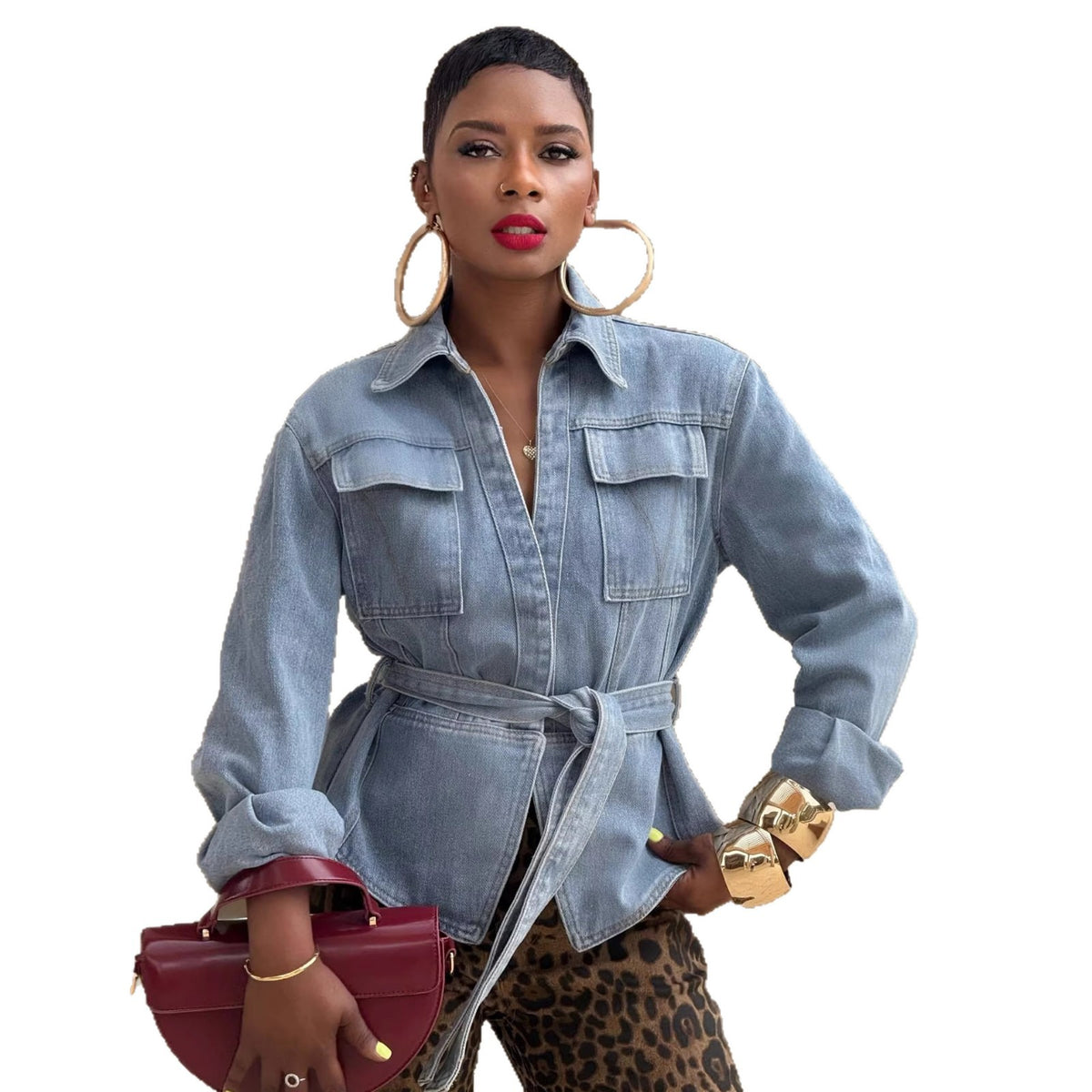 Casual washed denim jacket with pockets and belted fit by eprolo, featuring a relaxed style and classic denim texture.