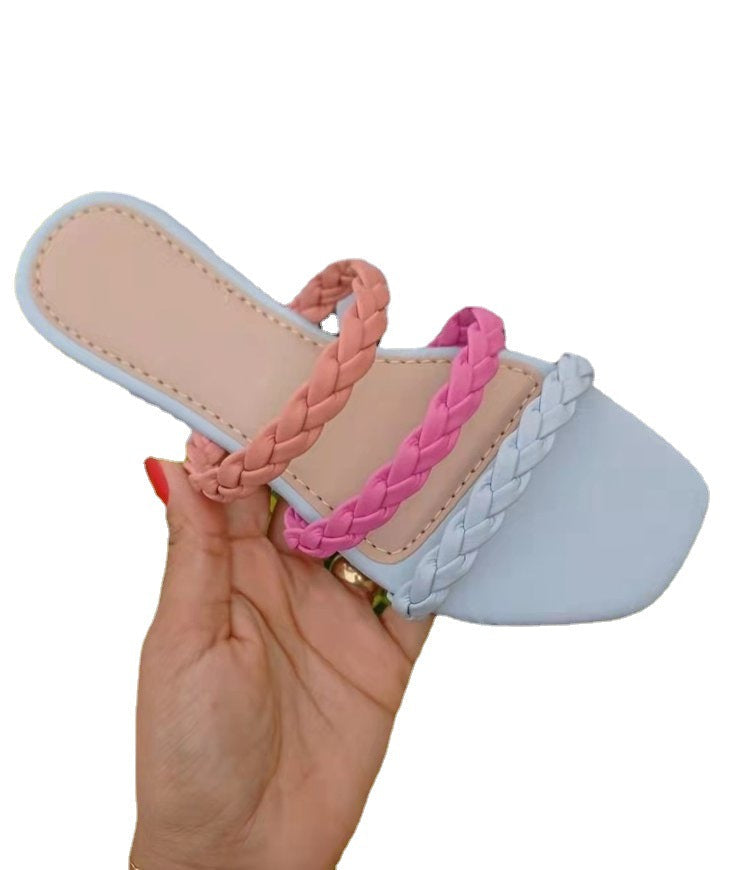 Plus size women's flat woven hollow slippers by Plush Fashion Hub featuring color-matching beach sandal design with open toe style.