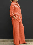 Plus size long sleeve shirt and pants set by Shopimist, featuring a comfortable fit and casual style, shown in the product image.
