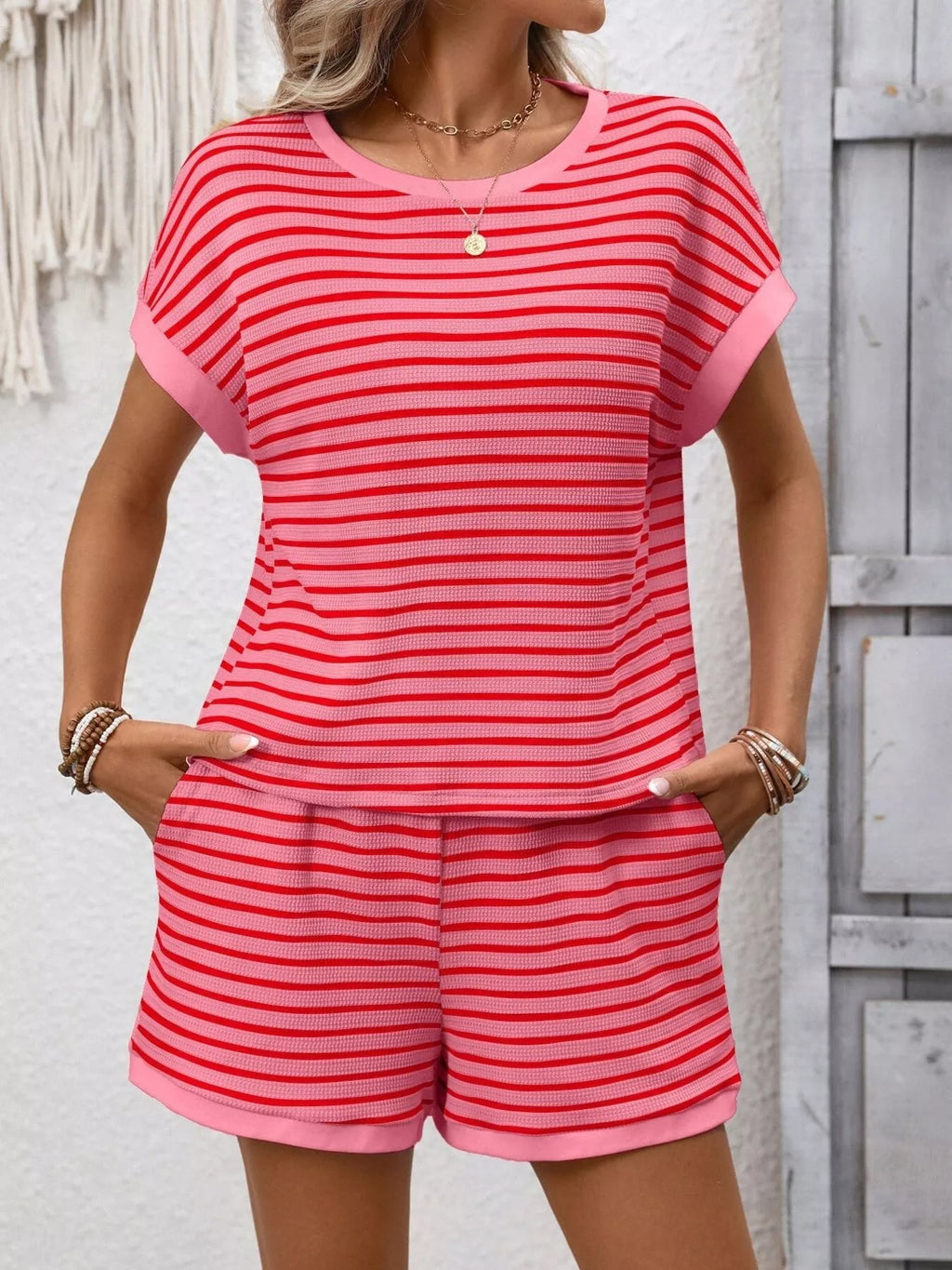 Striped casual round neck top and shorts set by Simply Love, featuring a comfortable, stylish matching outfit.