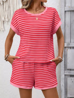 Striped casual round neck top and shorts set by Simply Love, featuring a comfortable, stylish matching outfit.