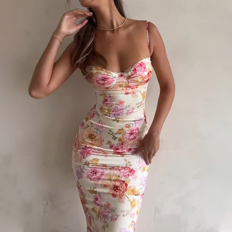 Women’s floral bodycon maxi dress by FitiqueFit with spaghetti straps, perfect for summer vacations and casual wear.
