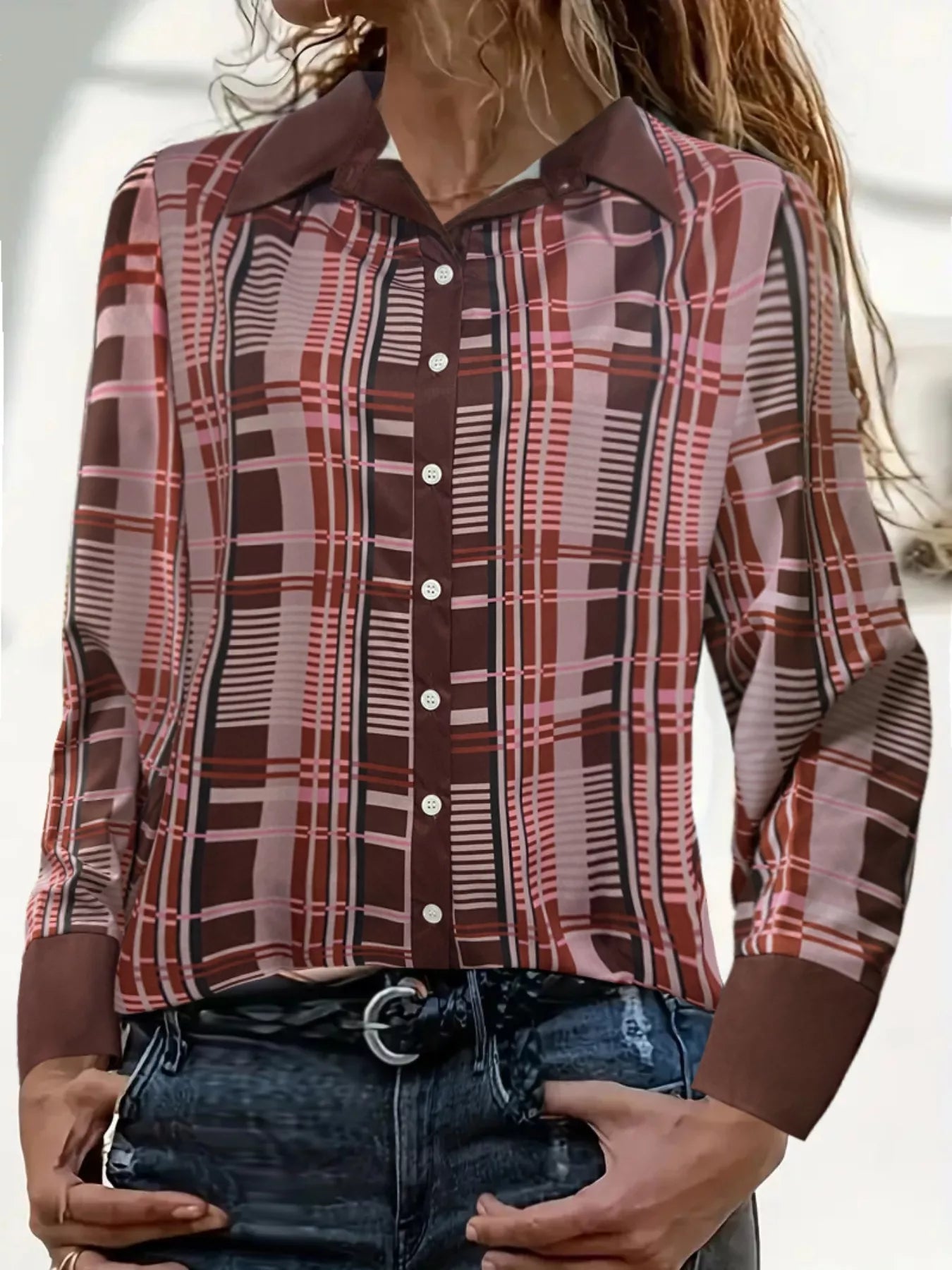 Plus size plaid button-down shirt by Simply Love, featuring a classic checkered pattern and long sleeves.