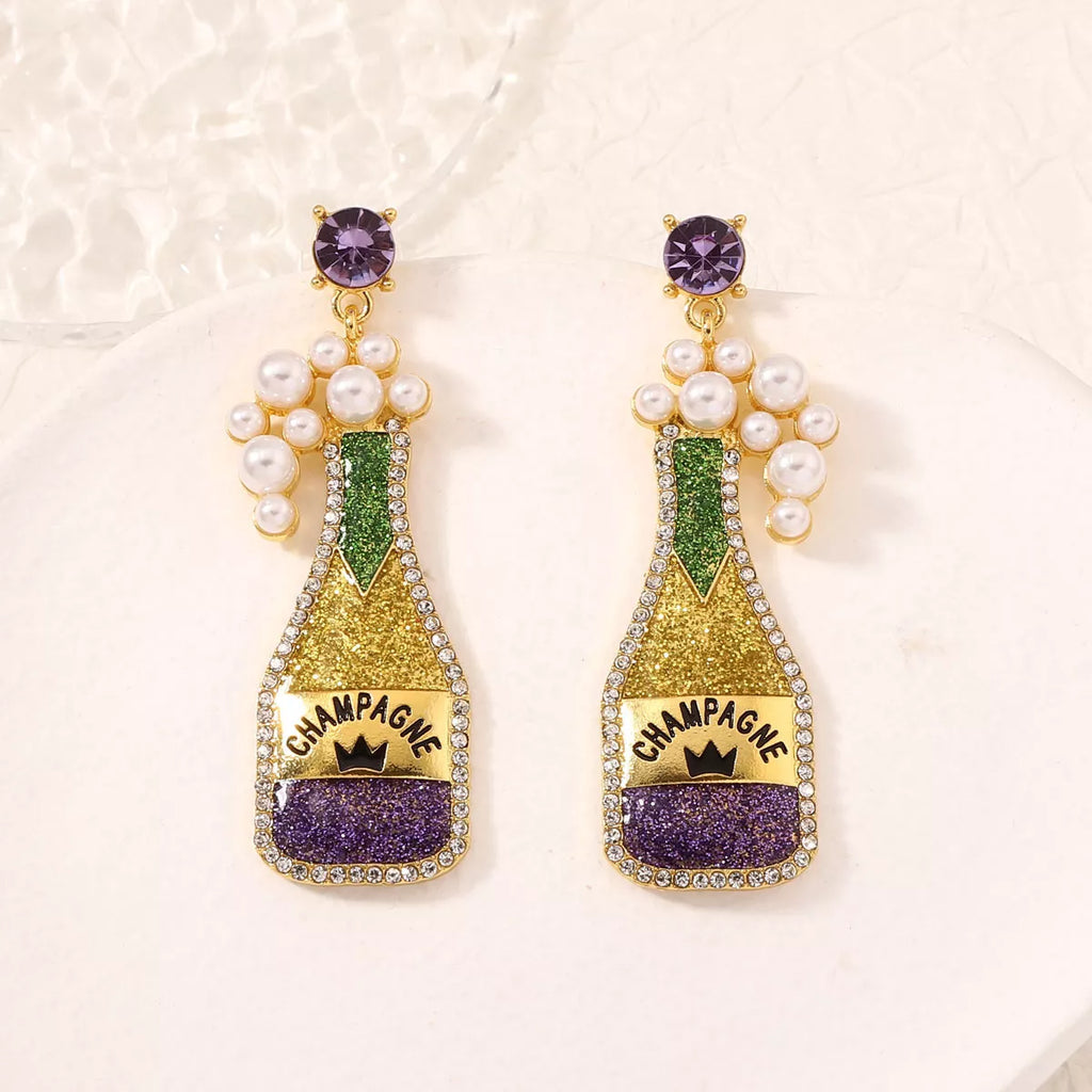 Champagne bottle earrings with pearl accents, stylish jewelry by Shopimist featuring gold-tone details and elegant design.