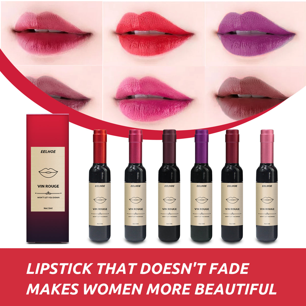 Six Eeelhoe Vin Rouge matte lipsticks in miniature wine bottle packaging with six corresponding lip color swatches.