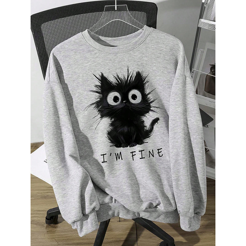 Women's cute kitten graphic sweatshirt in streetwear style by FitiqueFit, featuring a playful kitten print on soft fabric.