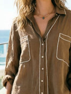 Shopimist contrast trim long sleeve button-up shirt with stylish design and tailored fit, featuring contrasting collar and cuffs.
