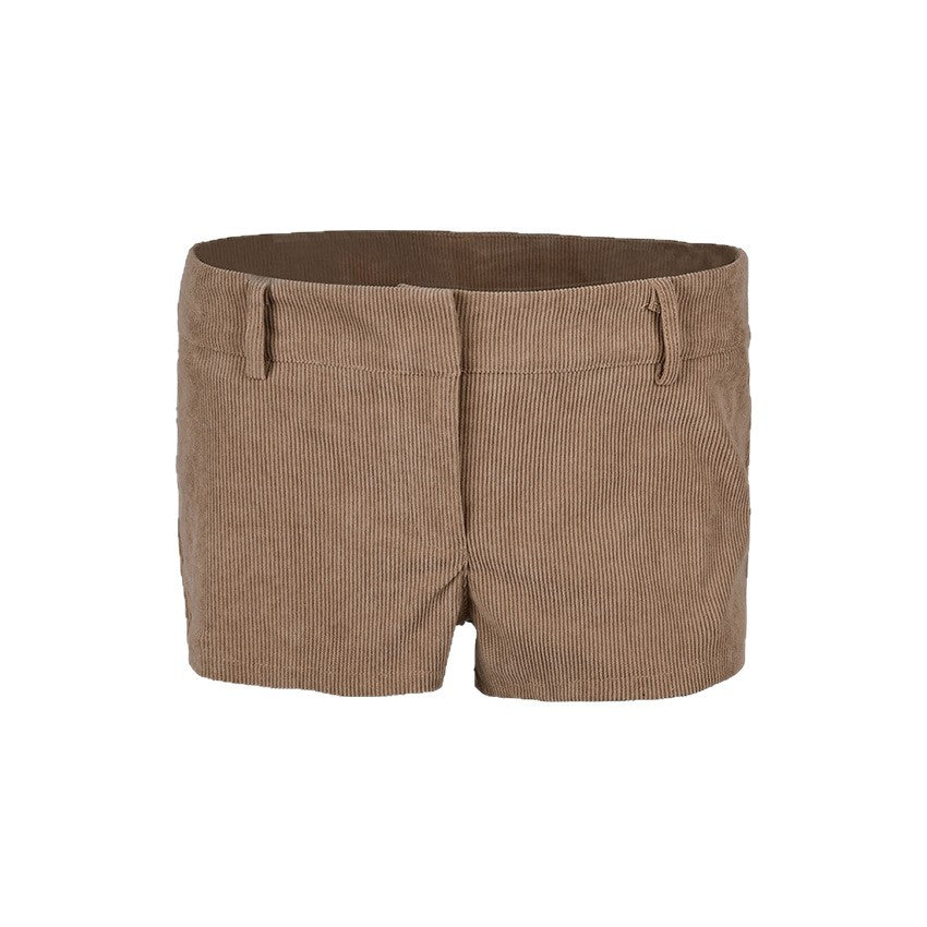 Women’s low-rise straight-leg corduroy shorts in casualwear style, beige color, with visible waistband and stitching details.