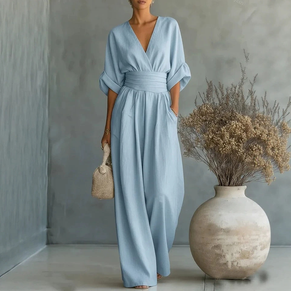 Women's high waist V-neck wide-leg jumpsuit by FitiqueFit, pleated design, available in 11 colors, size S to 5XL.