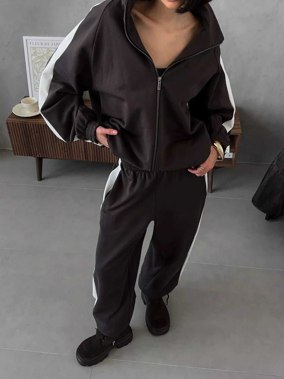 Plush Fashion Hub zip-up long sleeve tracksuit set, comfortable casual wear in soft fabric, shown in front view.