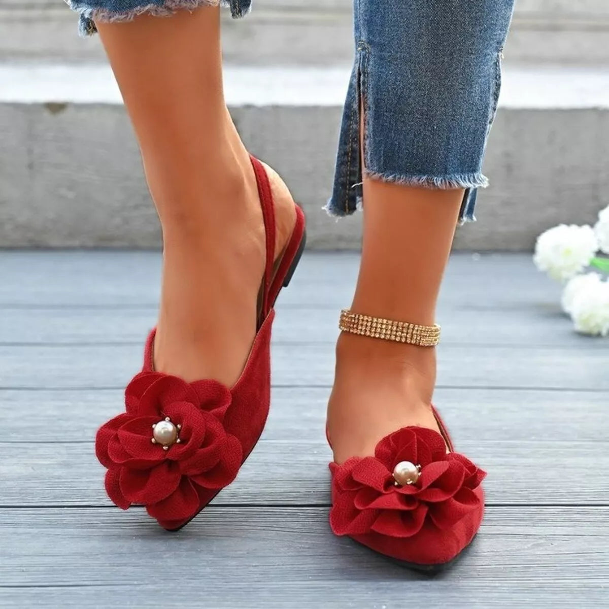 Plush Fashion Hub floral point toe flats sandals with soft plush material and stylish flower design, perfect for casual wear.