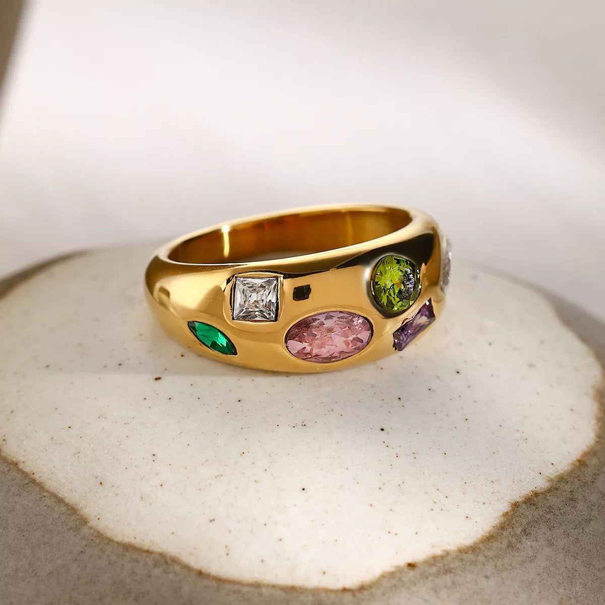 Colorful zircon ring with 18K gold-plated finish from Plush Fashion Hub, showcasing vibrant gemstones and elegant design.
