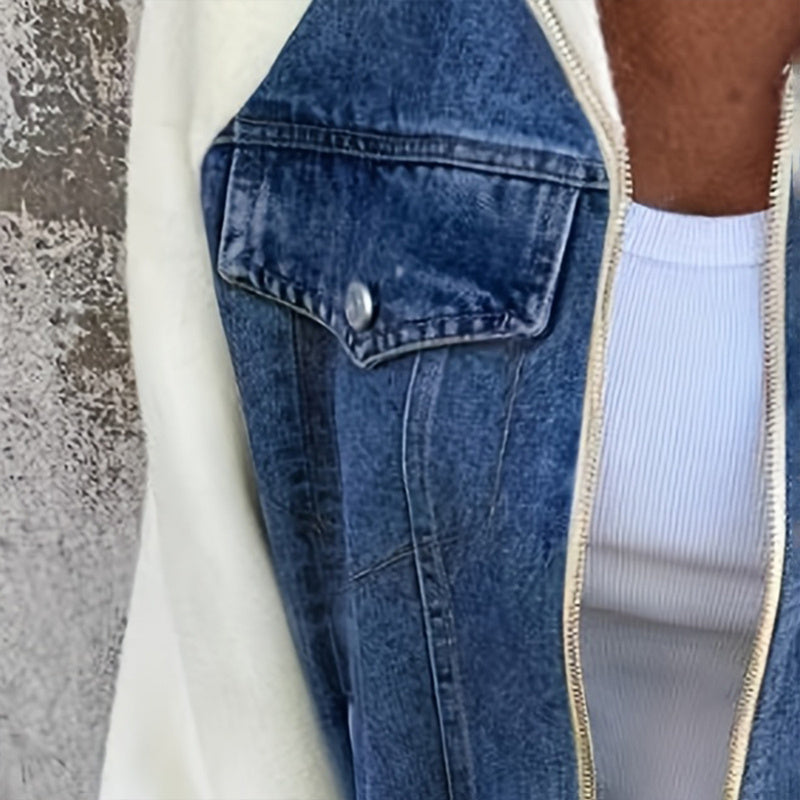 Women's denim patchwork zip-up jacket by FitiqueFit, casualwear style with mixed denim patches and front zipper closure.