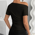 Women’s Y2K ruched one-shoulder summer top by FitiqueFit, slim fit casual shirt with asymmetrical design and ruched detailing.