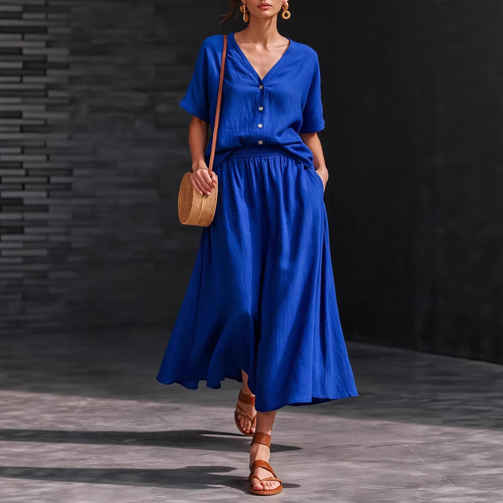 Women's casual V-neck button-up top and long skirt set by FitiqueFit, featuring a stylish, comfortable coordinated outfit.