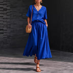 Women's casual V-neck button-up top and long skirt set by FitiqueFit, featuring a stylish, comfortable coordinated outfit.