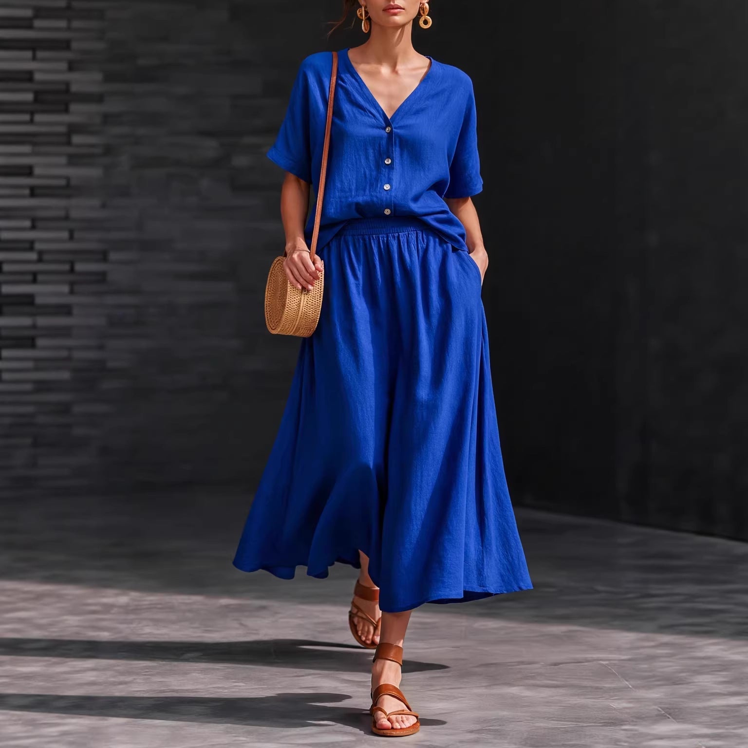 Women's casual V-neck button-up top and long skirt set by FitiqueFit, featuring a stylish, comfortable coordinated outfit.