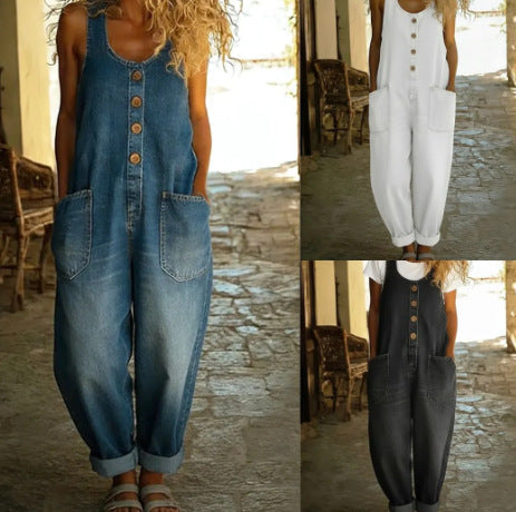 Retro buckle multi-pocket overalls jumpsuit with 3/4 sleeves by FitiqueFit, featuring a stylish vintage-inspired design.