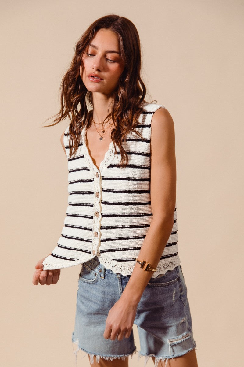 Women's striped knit sweater vest with crochet trim, button-down front, by Plush Fashion Hub, shown in a close-up view.