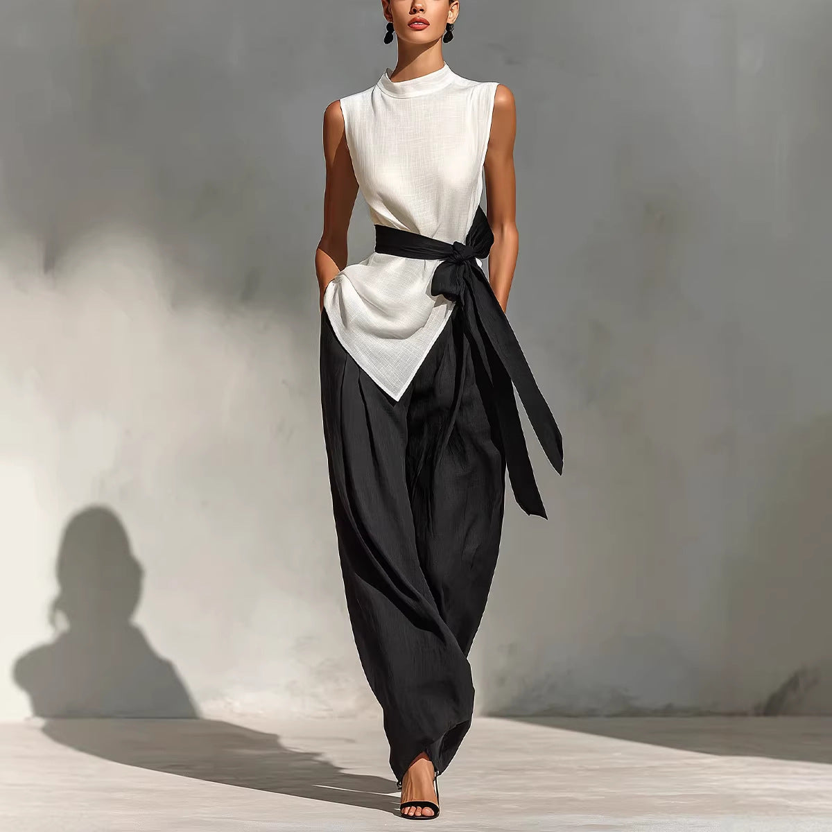 Women's white lace-up sleeveless top and wide-leg pants two-piece casualwear set by Plush Fashion Hub, showing the stylish outfit.