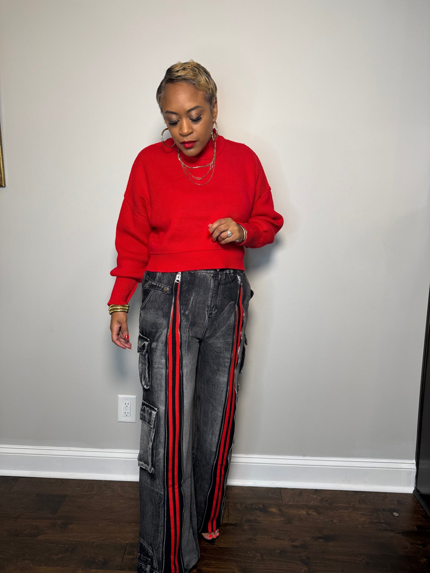 Black & Red Retro Front-Zip Baggy Denim Jeans The Bella Noire Store