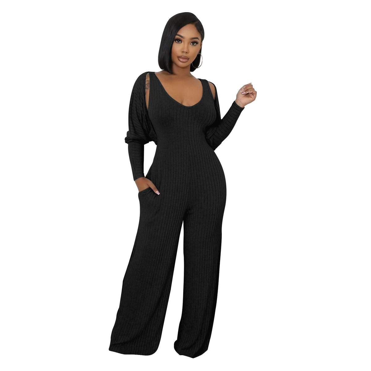 Tailored plush fashion hub modern cape-sleeve jumpsuit, front view showcasing sleek design and tailored fit.