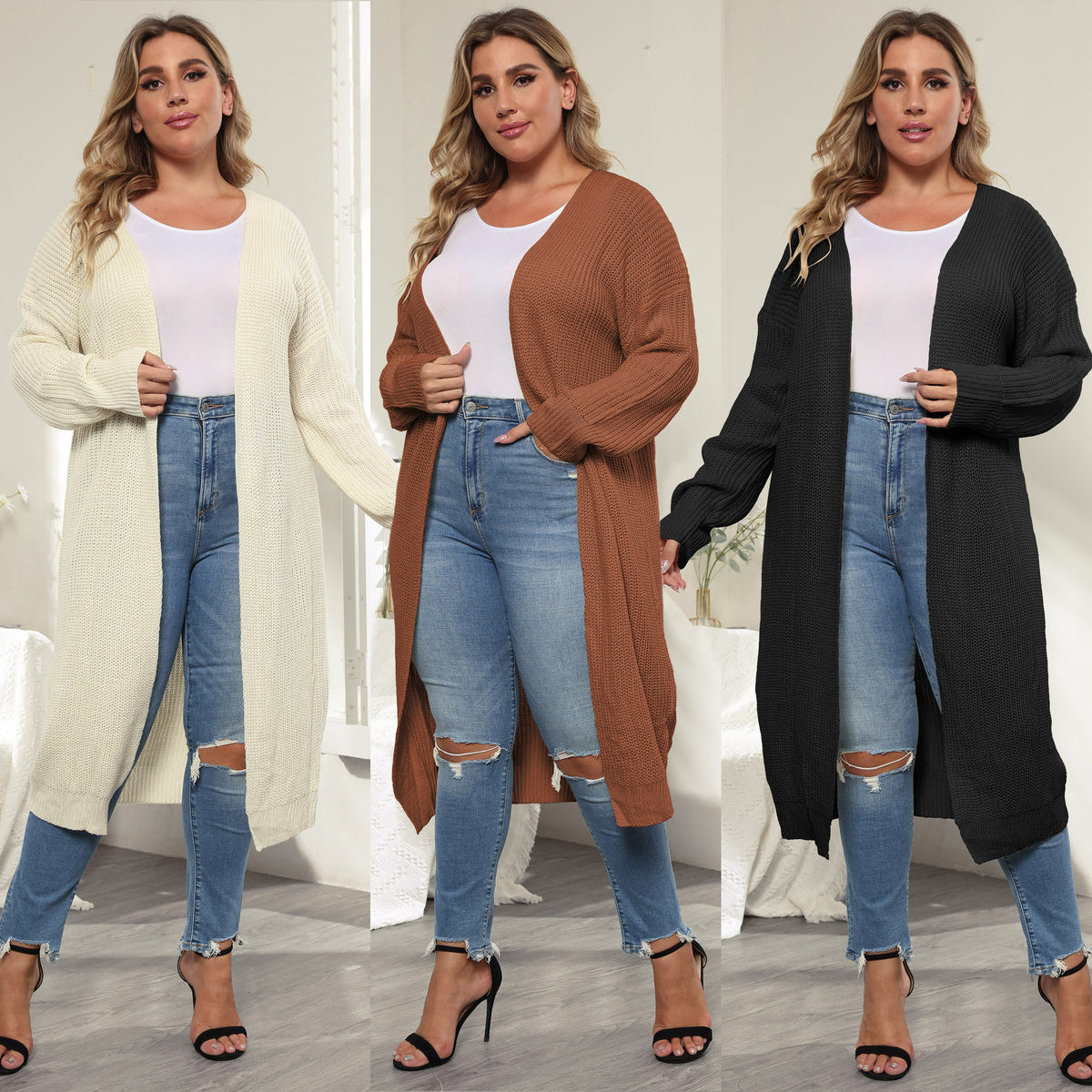 A model in three panels wears long knit cardigans in beige, brown, and black, over a white top and ripped jeans.