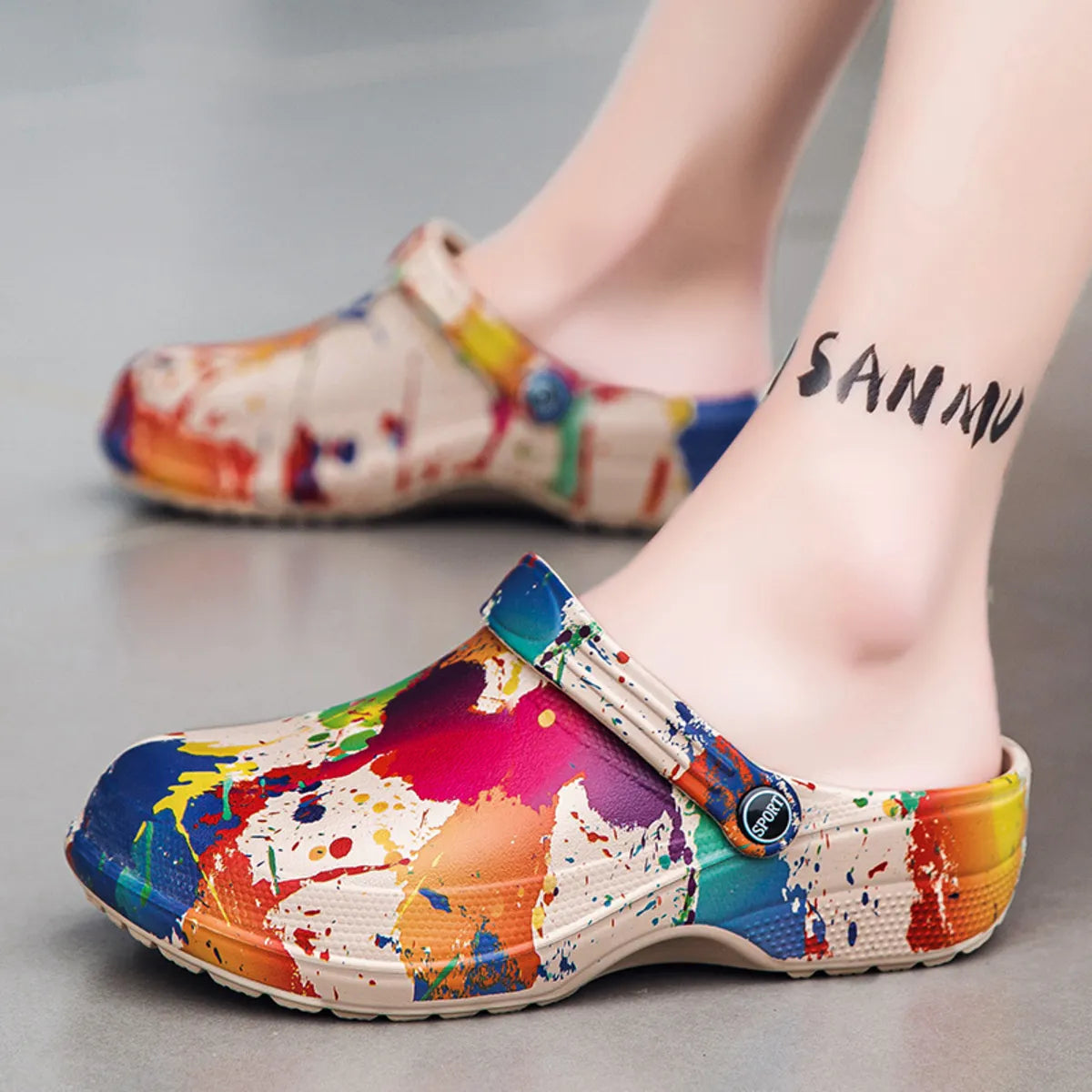 Colorful paint splash men's sandals by Trendsi, casual footwear with vibrant, artistic design and comfortable straps.