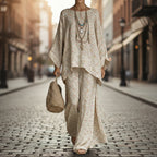 Floral print bamboo linen two-piece set with wide-leg pants from FitiqueFit, featuring a matching top and relaxed fit trousers.