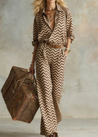 Women's casual vertical stripe collared long-sleeve shirt and wide-leg pants set by FitiqueFit, featuring a relaxed fit and stylish design.