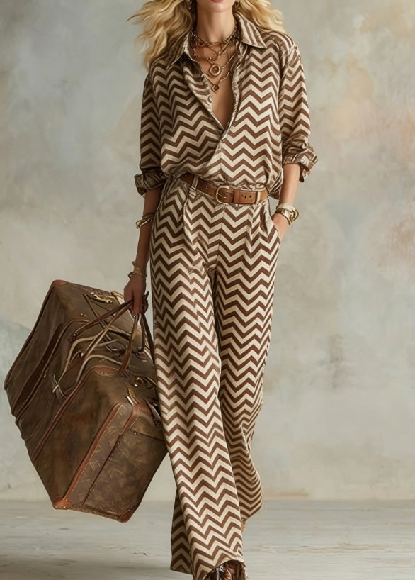 Women's casual vertical stripe collared long-sleeve shirt and wide-leg pants set by FitiqueFit, featuring a relaxed fit and stylish design.