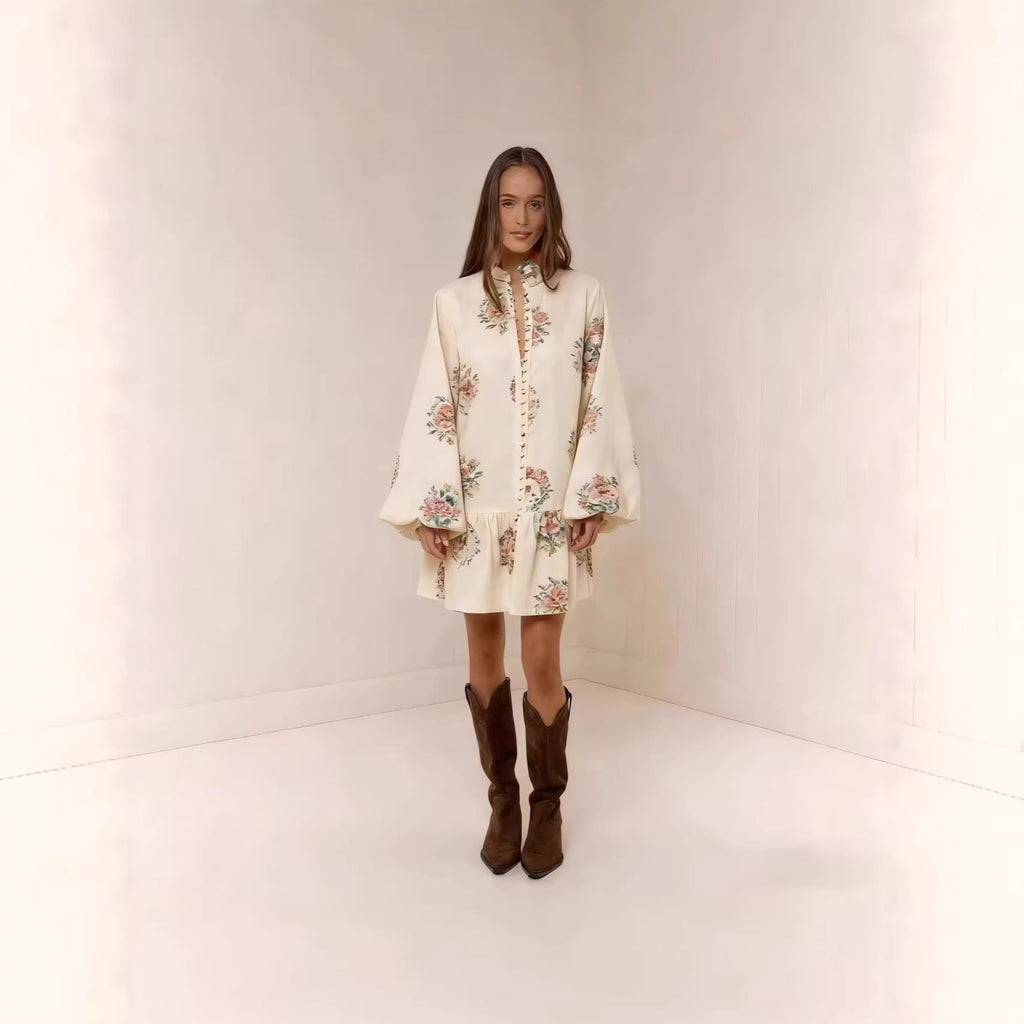 Digital print lantern sleeve linen midi dress by FitiqueFit, loose fit casualwear with lantern sleeves and a pullover design.