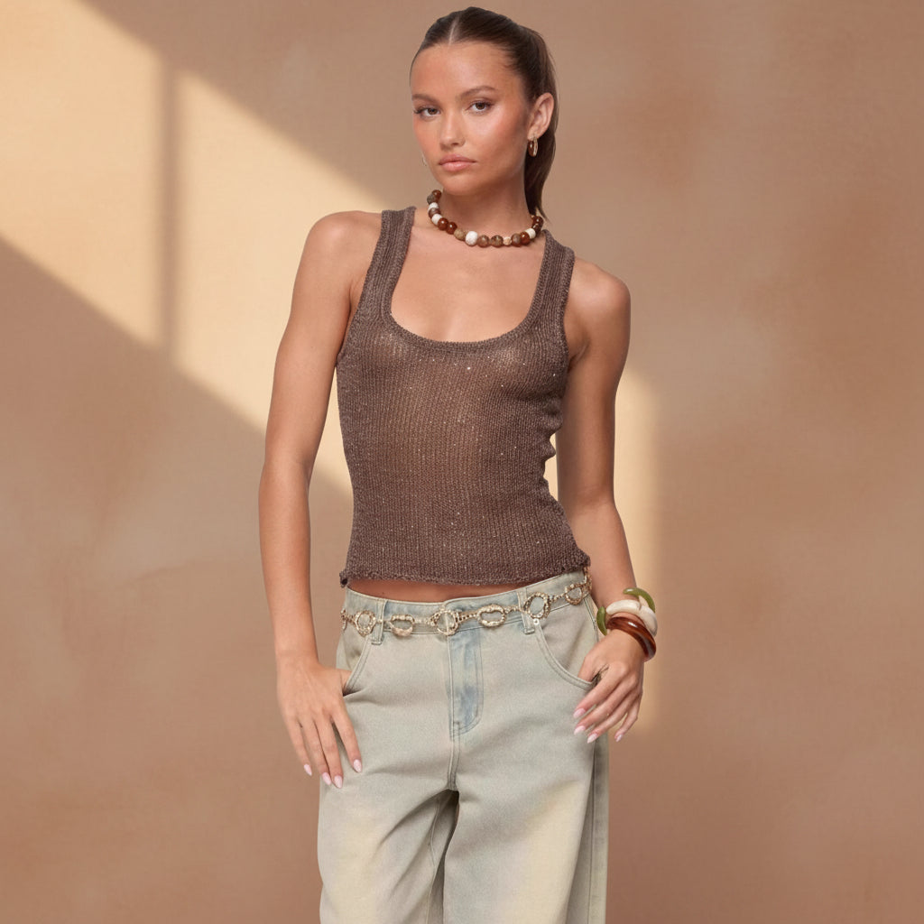 Women's sequin deep V-neck strappy tank top by FitiqueFit, shown in three color options, featuring a fitted sleeveless design.