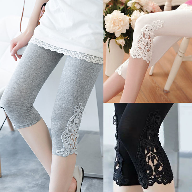 Women's lace trim stretch leggings from FitiqueFit, activewear bottoms with lace detail and comfortable fit.