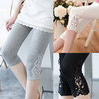 Women's lace trim stretch leggings from FitiqueFit, activewear bottoms with lace detail and comfortable fit.