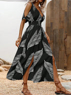 Women’s off-shoulder cross V-neck maxi dress in casualwear style, featuring flowing fabric and a relaxed fit by Plush Fashion Hub.