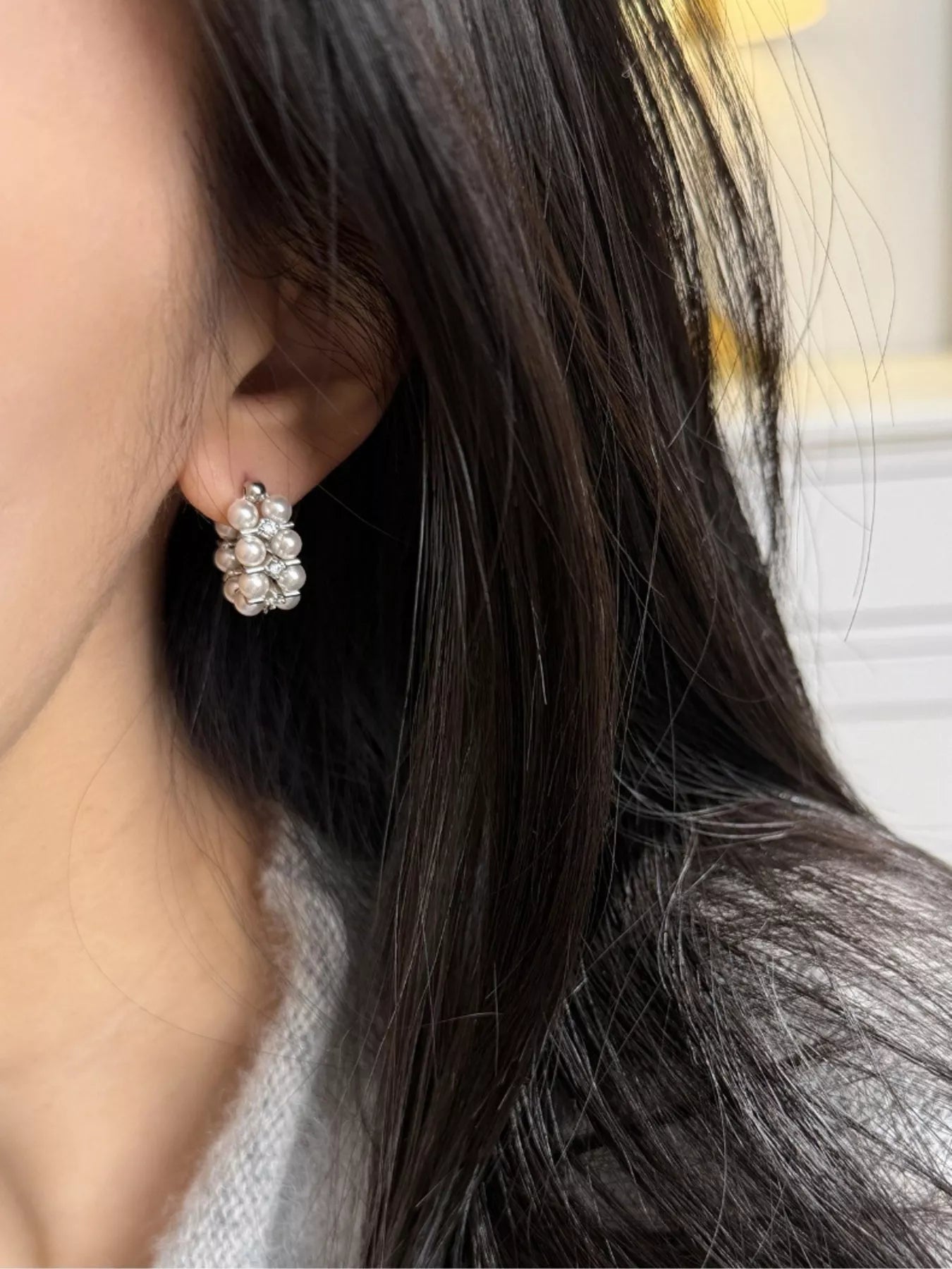 Pearl hoop earrings by Shopimist featuring classic round pearl charms on silver hoops, stylish and elegant accessory for any occasion.